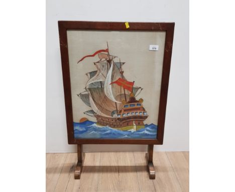 OAK FRAMED FIRESCREEN WITH HAND PAINTED GALLEON ON THE FRONT