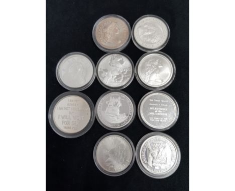 10 MISCELLANEOUS SILVER 999 NOVELTY COINS INCLUDES LIBERTY JUSTICE AND LAKOTA PLUS USA FIRST STEPS ON THE MOON ONE SMALL STEP