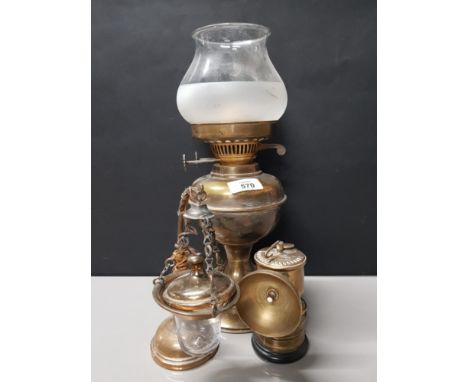 3 BRASS ITEMS INCLUDES PREMIER MINERS HELMET LAMP AND VINTAGE OIL LAMP WITH GLASS SHADE PLUS 1 OTHER