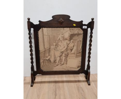 VINTAGE OAK FRAMED BARLEY TWIST FIRE SCREEN WITH WOVEN FRONT OF A LUTE PLAYER