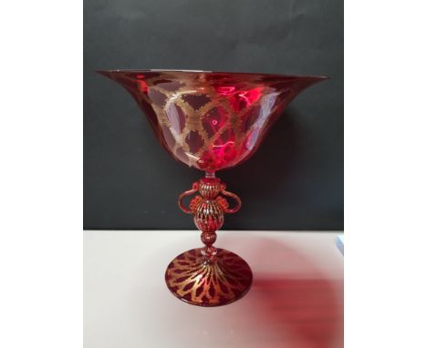 EARLY 20TH CENTURY FINE VENETIAN RUBY TAZZA WITH ORNATE DOUBLE HANDLED STEM AND ALL OVER GILDED DECORATION