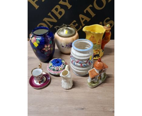 BOX LOT CONTAINING CROWN DEVON BISCUIT BARREL, BELLEEK, MALING AND STAFFORDSHIRE PASTILLE BURNER PLUS CROWN DUCAL CHARLOTTE R