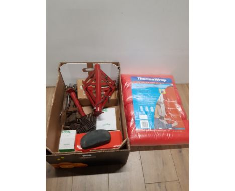 A BOX OF ASSORTED TOOLS TOGETHER WITH THERMAWRAP HOT WATER TANK JACKET