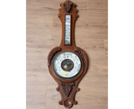 HEAVY CARVED OAK BANJO ANEROID BAROMETER