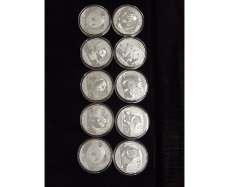 10 SILVER 999 CHINESE PANDA 10 YUAN BULLION COINS DATES RANGING FROM 2009 TO 2018 300G