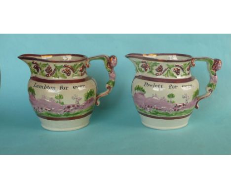 1820 General Election: a rare pair of pink lustre jugs set with elaborate figural handles the bodies moulded with stag huntin