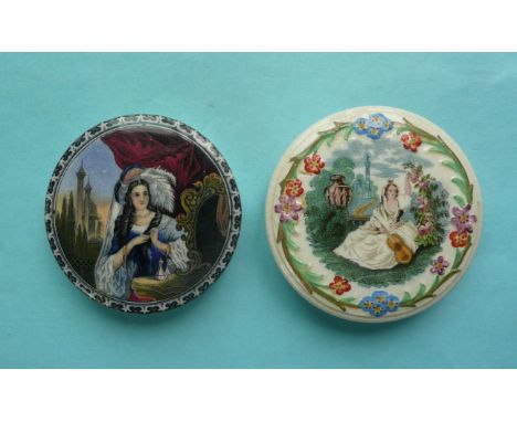 Eastern Lady Dressing Hair (99) flange restored and Lady with Guitar (107) (2) (pot lid, potlid, prattware)  