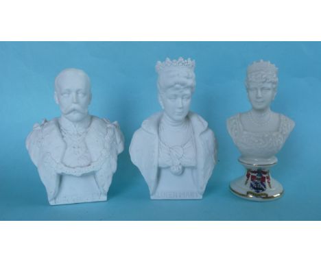 1911 Coronation: a pair of continental white bisque porcelain portrait busts, 135mm and a crested Arcadian bust named Queen M