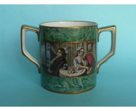 A good malachite loving cup: Passing the Pipe (404) and The Smokers (405) 115mm (pot lid, potlid, prattware)  