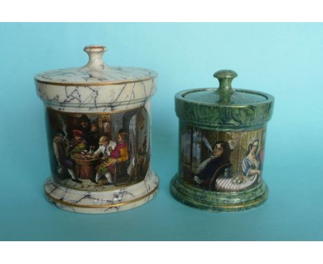 A black marbled tobacco jar and cover of large size: Jolly Topers (406) 150mm and a malachite tobacco jar, cover and plunger: