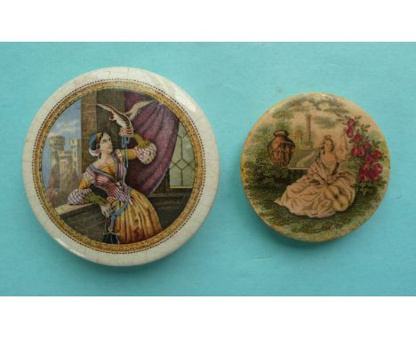 Lady with Hawk (106) and Lady with Guitar (107) extra small, restored (2) (pot lid, potlid, prattware)  