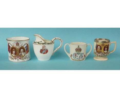 1902 Coronation: an Aynsley mug for Whiteley, a small Royal Doulton cream jug, a small Goss loving cup and a MacIntyre mug wi