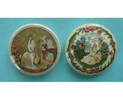 The Trysting Place (118) and Lady with Guitar (107) (2)  (pot lid, potlid, prattware)  