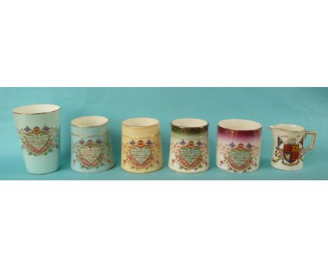 1893 Wedding: a William Lowe turquoise ground pottery beaker, three similar tapering mugs, another cylindrical and a Wileman 