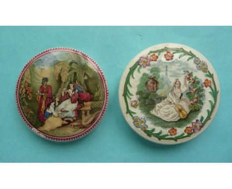 An Eastern Repast (98) and Lady with Guitar (107) (2) (pot lid, potlid, prattware)  