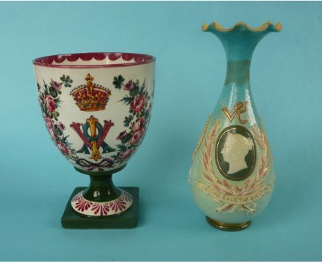 Victoria’s Jubilees: a Wemyss goblet on square base for 1897 jubilee, 136mm and a Doulton Lambert pale blue ground Silicon Wa