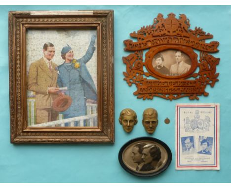 1934 Wedding of Duke of Kent: a small pair of Zsolnay face masks, an oval plaque after Wilding, a small medallion, a printed 