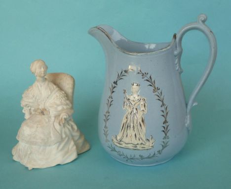 1840 Wedding: a bisque porcelain figure depicting the Queen seated, 135mm, damaged and a blue pottery jug moulded with full-l