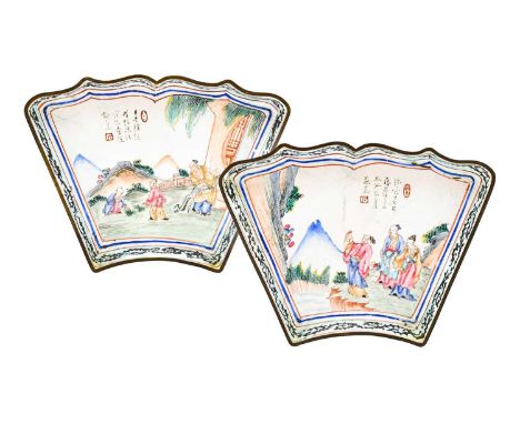 A Pair of Canton Enamel Hors d'Oeuvres Dishes, 19th century, of fan shape, painted in famille rose enamels with figures in la