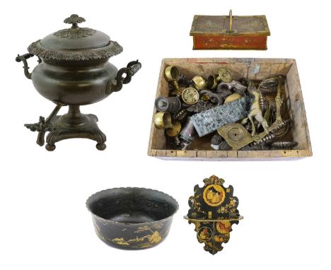 A Chinoiserie Brass-Mounted Lacquer Box and Cover, circa 1900, with loop handle flanked by two hinged covers, decorated with 