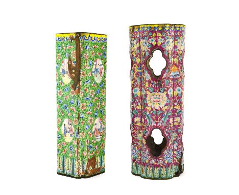 A Canton Enamel Hat Stand, 19th century, of square section rectangular form with re-entrant corners, painted in famille rose 