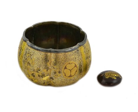 A Japanese Lacquer Bowl, of lobed ovoid form with Hiramkaki-e roundels and karakusa on a kingji ground, with white metal line