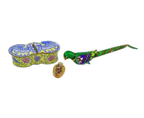 A Canton Enamel Spice Box, 19th century, of "Bat" form, the hinged covers painted in blue with a bat on a yellow ground, the 