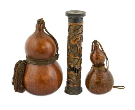 A Japanese Powder Flask, late 19th century, as a double gourd, 26cm high; A Similar Smaller Example, 19cm high; and A Japanes