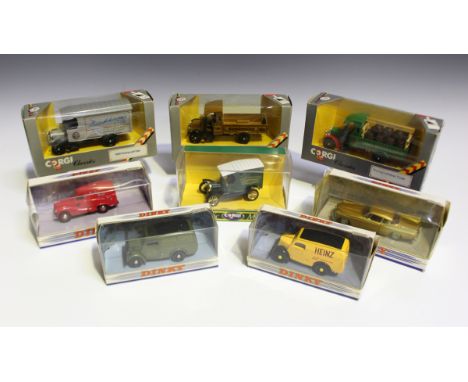 Ten Corgi commercial vehicles, including a No. 845 1929 Thornycroft van 'Duckham's Oils' and a C823 1926 Renault truck, toget