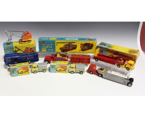 A small collection of Corgi Toys commercial vehicles, comprising a Gift Set No. 12, Chipperfield's circus crane truck and cag