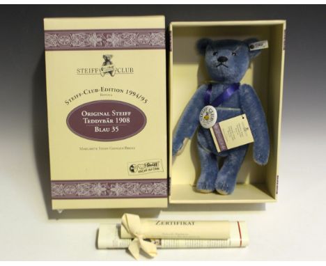 A modern Steiff Club Edition replica blue teddy bear 1908, boxed with certificate, height 32cm.Buyer’s Premium 29.4% (includi