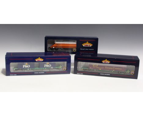 Nine Bachmann Branch-Line gauge OO double pack bogie wagons and containers, comprising two No. 37-300B 'ECS', two No. 37-310 