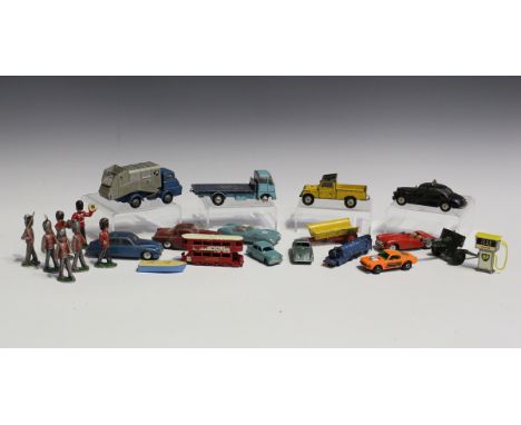 A collection of diecast vehicles and figures, including Corgi Toys, Matchbox 1-75 and Models of Yesteryear, a Budgie No. 274 