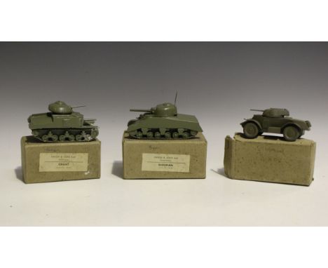 Three Haigh &amp; Sons Ltd, Southall, painted wooden recognition model army vehicles, comprising Sherman, Grant and Staghound