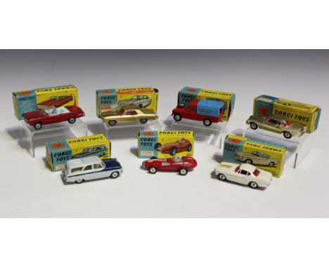 Ten Corgi Toys cars, comprising a No. 258 The Saint's car Volvo P180C, a No. 424 Ford Zephyr estate, a No. 246 Chrysler Imper