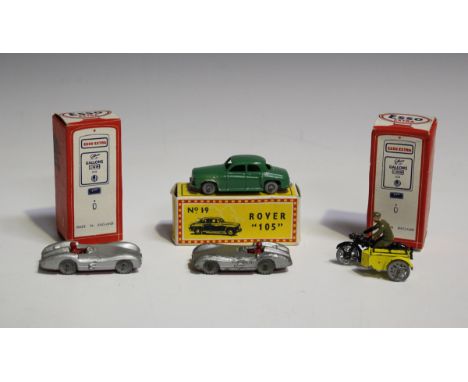 A Morris &amp; Stone Esso Petrol Pump Series No. 1 AA motorcycle patrol, boxed, a No. 7 Mercedes-Benz racing car, boxed, anot