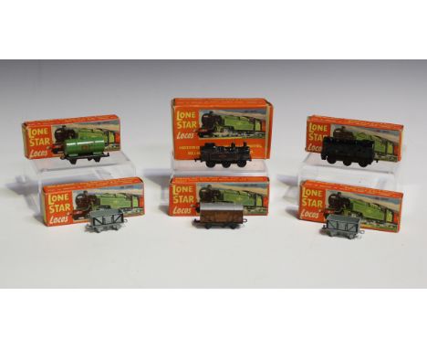 A collection of Lone Star gauge OOO railway items, including a tank locomotive, a diesel shunter, a tanker 'BP', a brake van,