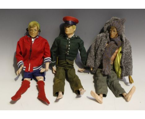 Three Palitoy Action Man figures and a collection of Action Man uniforms, boots, helmets, skis and accessories (playwear and 