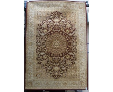 Kashan style carpet, central rosette over red ground, all over floral design and boarders, 230cm x 106cm Condition Report Cli