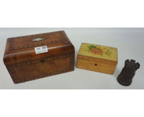 A Victorian herring bone walnut tea caddy including another box decorated with roses and a tower shaped container (3) Conditi