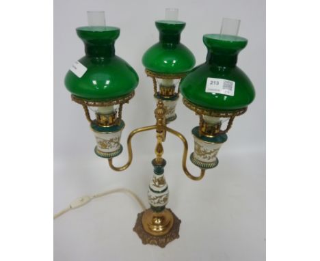 Three branch lamp with gilt decoration and glass shades  Condition Report Click here for further images, condition, auction t