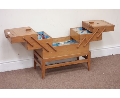 Vintage retro satin walnut cantilever sewing box on stand, W53cm Condition Report Click here for further images, condition, a