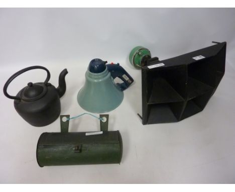 Theatre speaker, a mega phone, stove kettle and Candle box Condition Report Click here for further images, condition, auction