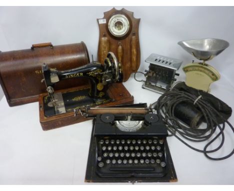 Barometer hallway stand with brushes, typewriter, Singer sewing machine and miscellanea  Condition Report Click here for furt
