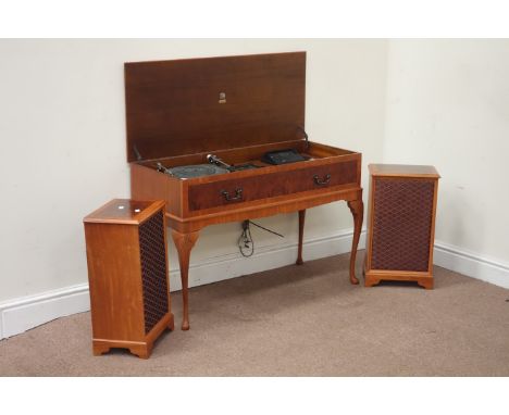 Walnut and mahogany cased Dynatron music system, fitted with cassette recorder, stereophonic tuner amplifier SRX20 and Garrar