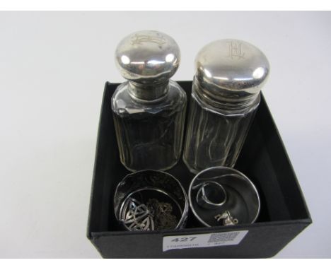 Two silver topped glass scent bottles, two napkin rings, bull charm all hallmarked, pair ear-rings, ring, necklaces stamped 9