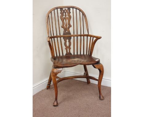 Late 20th century elm and beech Windsor armchair, double hoop back with stick and fretted splat, front cabriole legs, crinoli