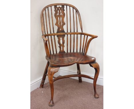 Late 20th century elm and beech Windsor armchair, double hoop back with stick and fretted splat, front cabriole legs, crinoli