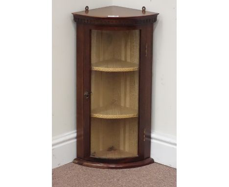 Reproduction mahogany bow front corner cabinet enclosed by single glazed door, by John Moore of Scarborough, W33cm, H60cm Con