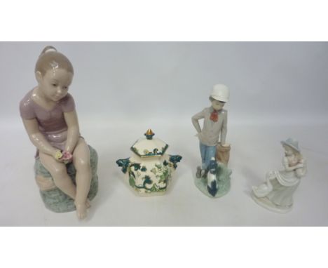 Nao figure seated young girl, Nao boy with dog, other figure and a Masons jar with cover Condition Report Click here for furt